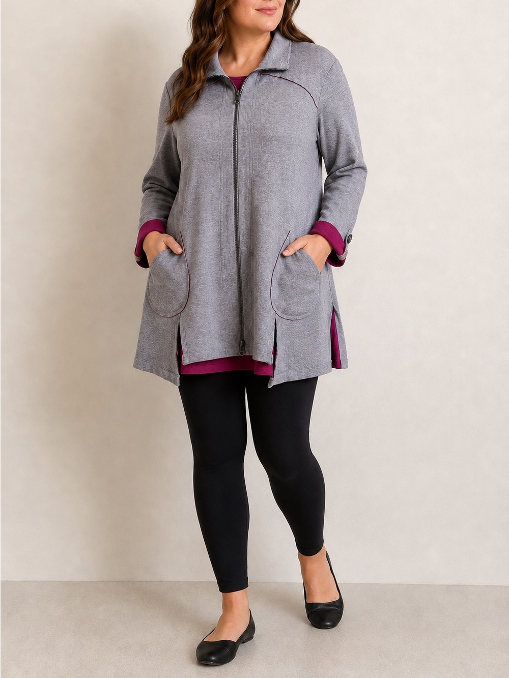 Neon Buddha Cotton Knit Jacket L Gray Magenta Two Way Zip Tunic